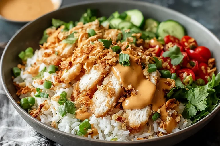 Chicken Crispy Rice Salad with Creamy Peanut Dressing in a bowl with crispy rice, sliced chicken, cucumbers, tomatoes, herbs, and peanut drizzle.