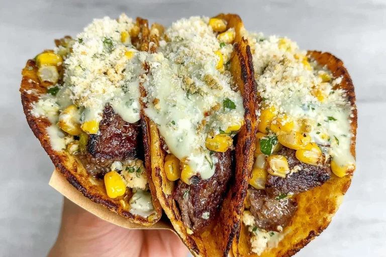 Street Corn Smash Burger Tacos folded and crispy, filled with juicy beef, charred corn, cotija cheese, and creamy jalapeño sauce