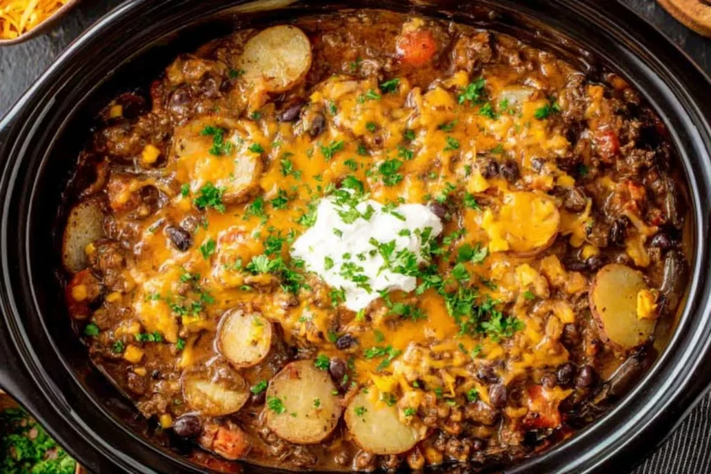 Crock Pot Cowboy Casserole in a slow cooker with ground beef, sliced potatoes, beans, corn, melted cheddar, and a dollop of sour cream.