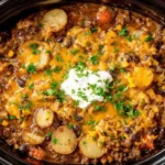 Crock Pot Cowboy Casserole in a slow cooker with ground beef, sliced potatoes, beans, corn, melted cheddar, and a dollop of sour cream.