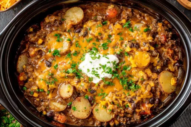 Crock Pot Cowboy Casserole in a slow cooker with ground beef, sliced potatoes, beans, corn, melted cheddar, and a dollop of sour cream.