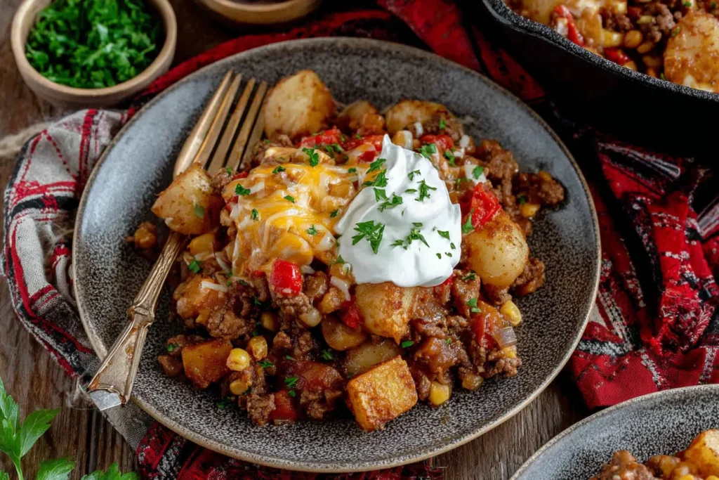Crock Pot Cowboy Casserole served on a plate with seasoned ground beef, tender potatoes, corn, melted cheese, and sour cream topped with parsley.