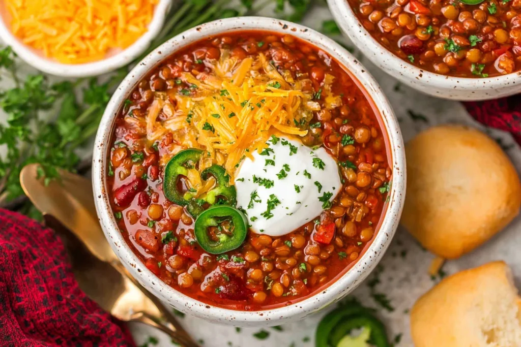 Crock Pot Lentil Chili served in a bowl topped with shredded cheddar, sour cream, and sliced jalapeños, with herbs sprinkled on top.