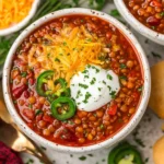 Crock Pot Lentil Chili served in a bowl topped with shredded cheddar, sour cream, and sliced jalapeños, with herbs sprinkled on top.