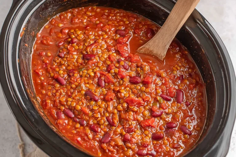 Crock Pot Lentil Chili in a slow cooker with tender lentils, kidney beans, and tomatoes, stirred with a wooden spoon.