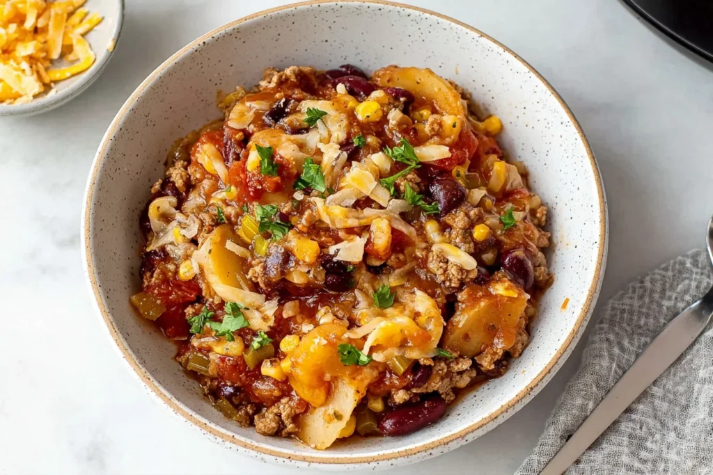 Bowl of Crock Pot Shipwreck Stew with ground beef, potatoes, kidney beans, corn, and tomatoes, topped with melted cheese and fresh herbs.