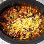 Crock Pot Shipwreck Stew in a slow cooker topped with shredded cheddar, loaded with ground beef, kidney beans, corn, and tomatoes.
