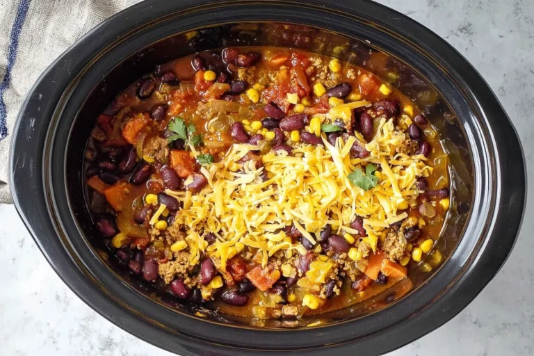 Crock Pot Shipwreck Stew in a slow cooker topped with shredded cheddar, loaded with ground beef, kidney beans, corn, and tomatoes.