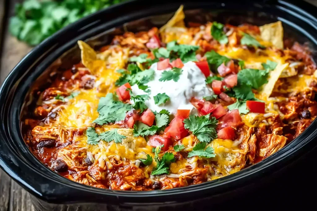 Crockpot Chicken Enchilada Casserole in a black slow cooker with melted cheese, black beans, tortilla chips, sour cream, cilantro, and diced tomatoes.