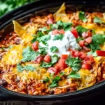 Crockpot Chicken Enchilada Casserole in a black slow cooker with melted cheese, black beans, tortilla chips, sour cream, cilantro, and diced tomatoes.