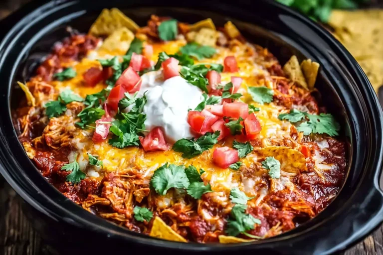 Crockpot Chicken Enchilada Casserole in a slow cooker topped with melted cheese, sour cream, diced tomatoes, and fresh cilantro.