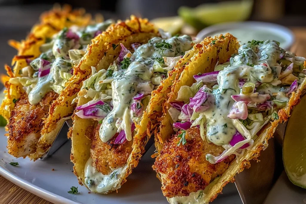 Dill Pickle Ranch Smash Chicken Tacos in crispy cheese shells with crunchy cabbage, chopped pickles, and a creamy ranch dill drizzle.