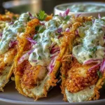 Dill Pickle Ranch Smash Chicken Tacos with crispy cheese shells, crunchy cabbage slaw, and creamy ranch dill sauce on a plate.