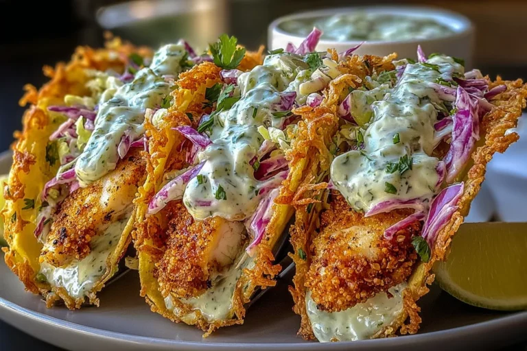 Dill Pickle Ranch Smash Chicken Tacos with crispy cheese shells, crunchy cabbage slaw, and creamy ranch dill sauce on a plate.