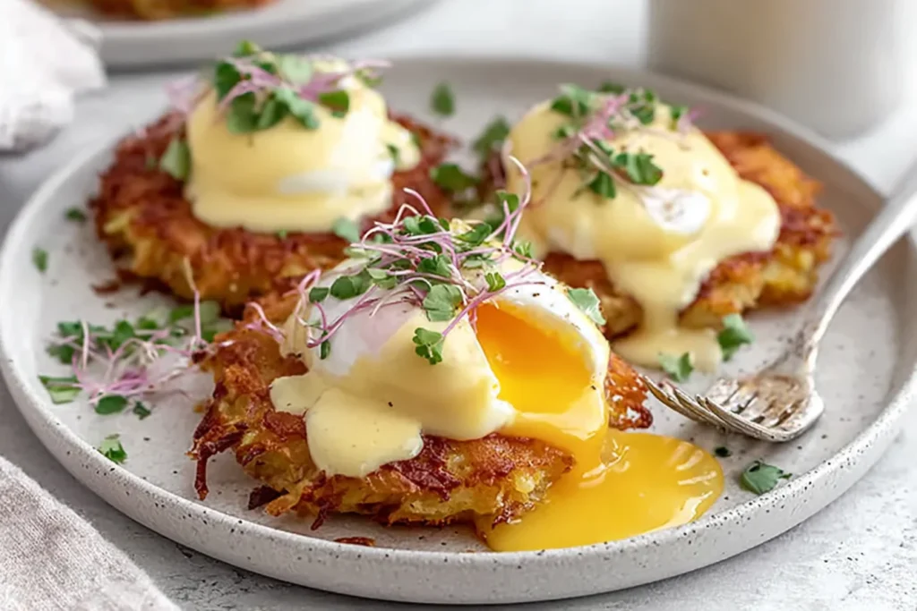Easy Latke Eggs Benedict with crispy potato latkes, poached eggs, creamy hollandaise, and fresh microgreens on a plate.
