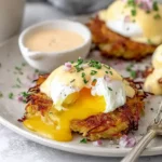 Easy Latke Eggs Benedict on crispy potato latkes with runny poached egg, creamy hollandaise sauce, and a sprinkle of red onion and herbs.