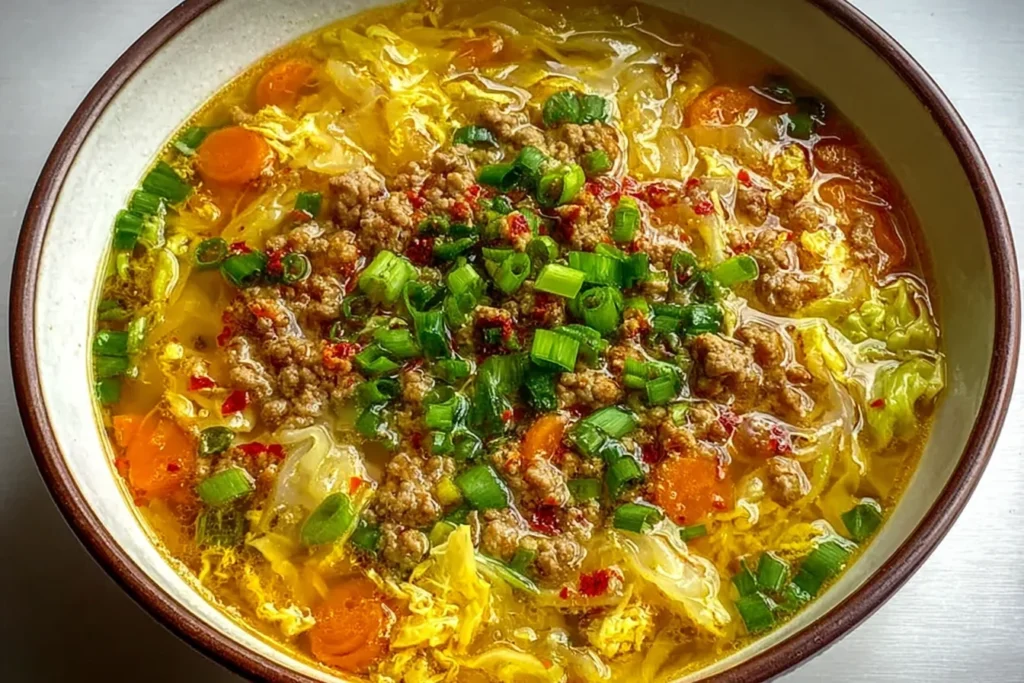 Egg Roll Soup with Green Onions and Ginger in a bowl, with ground beef, cabbage, carrots, egg ribbons, and a savory ginger broth topped with scallions.