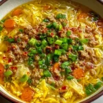 Egg Roll Soup with Green Onions and Ginger in a bowl, with ground beef, cabbage, carrots, egg ribbons, and a savory ginger broth topped with scallions.