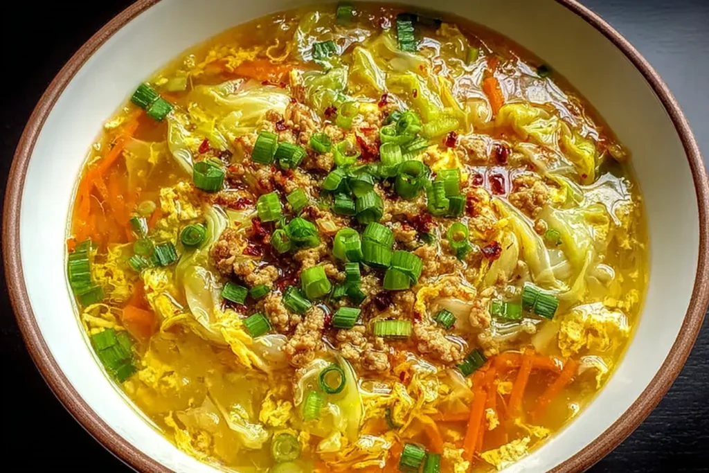 Egg Roll Soup with Green Onions and Ginger served in a bowl with egg-drop ribbons, ground beef, cabbage, carrots, and scallions in a golden broth.