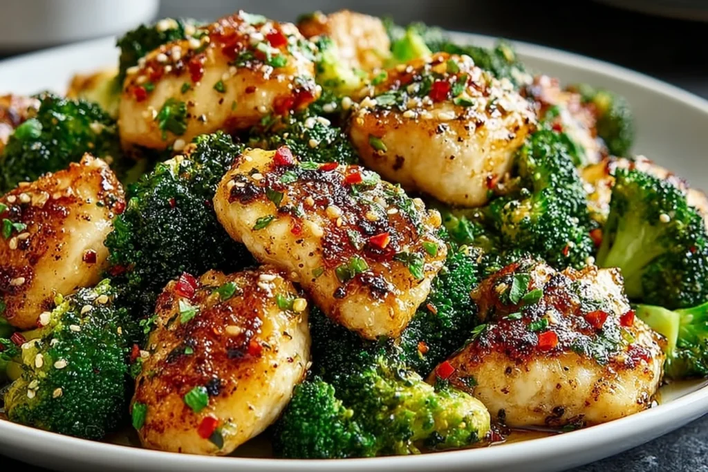 Garlic Butter Chicken Broccoli close-up with juicy pan-seared chicken bites, tender broccoli florets, sesame seeds, herbs, and a glossy garlic butter sauce.