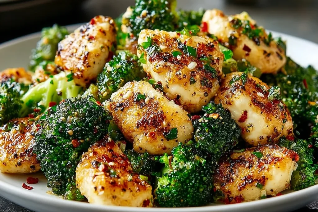 Garlic Butter Chicken Broccoli in a white bowl with golden seared chicken bites, crisp broccoli florets, and garlicky butter sauce.