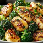 Garlic Butter Chicken Broccoli in a white bowl with golden seared chicken bites, crisp broccoli florets, and garlicky butter sauce.