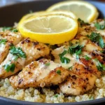 Garlic Lemon Chicken Quinoa in a bowl with seared garlic-lemon chicken, fluffy quinoa, and fresh parsley topped with lemon slices.