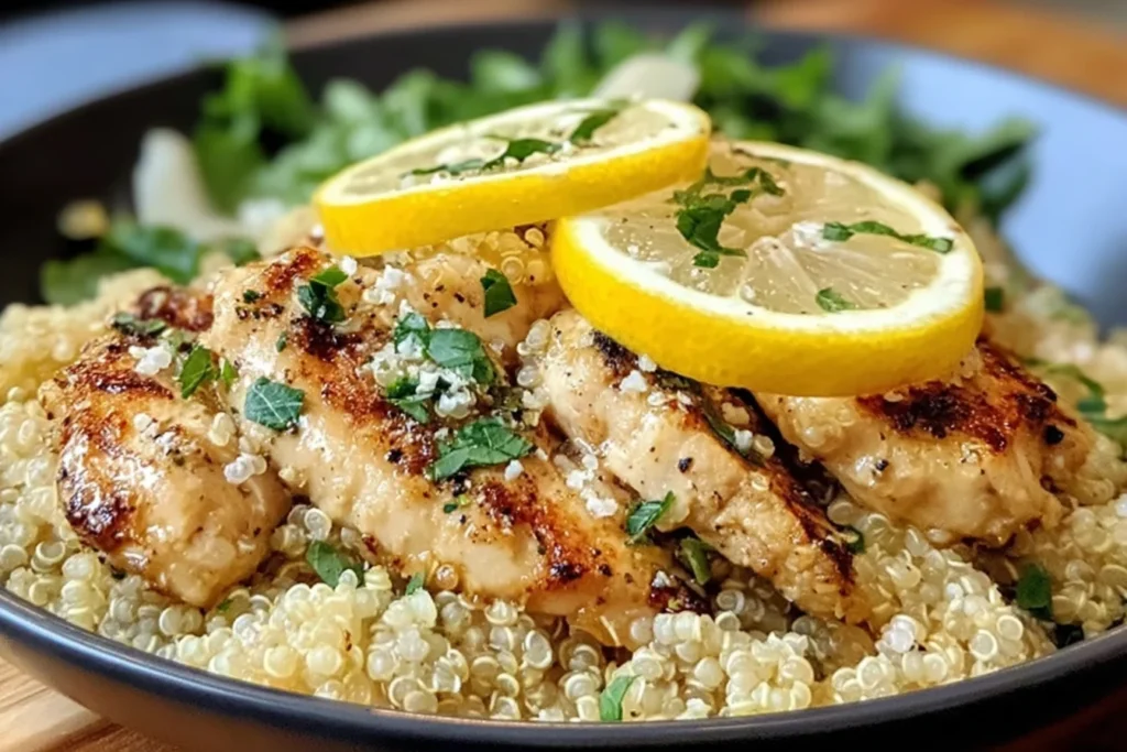 Garlic Lemon Chicken Quinoa served in a bowl with golden seared chicken, fluffy quinoa, fresh herbs, and lemon slices on top.