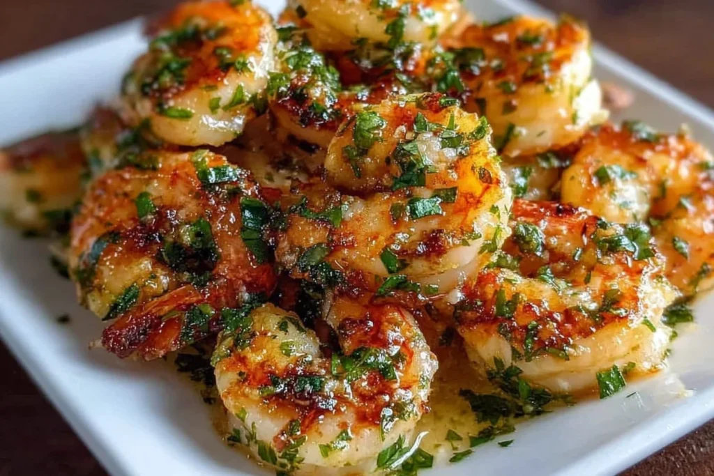 Garlic Parmesan Roasted Shrimp close-up on a white plate, golden and juicy with garlic butter, Parmesan, and fresh parsley.