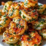 Garlic Parmesan Roasted Shrimp piled on a plate, golden and buttery with garlic, Parmesan, parsley, and a bright lemony glaze.