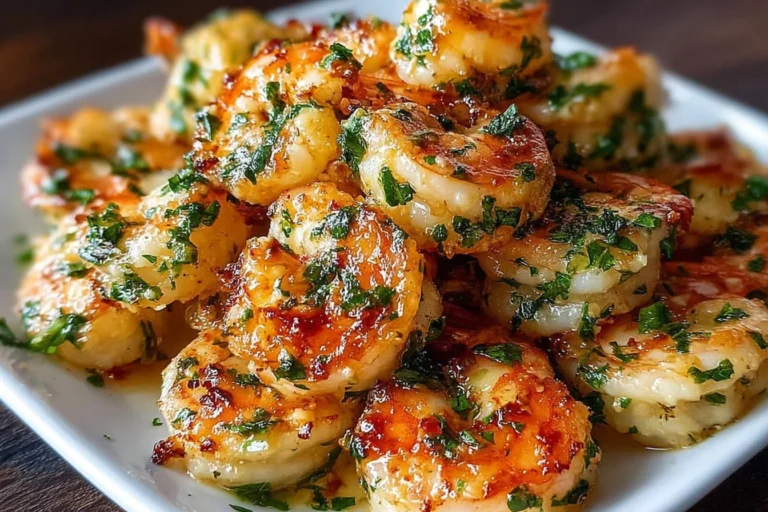 Garlic Parmesan Roasted Shrimp piled on a plate, golden and buttery with garlic, Parmesan, parsley, and a bright lemony glaze.