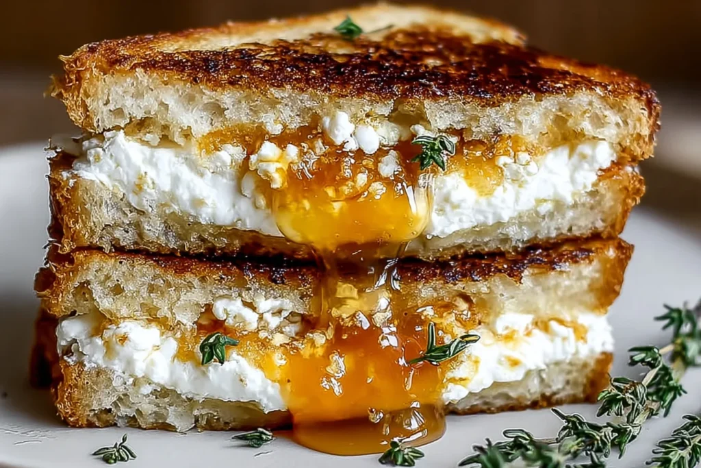 Goat Cheese Grilled Cheese with Honey on toasted sourdough, creamy goat cheese filling with warm honey drizzle and fresh thyme.