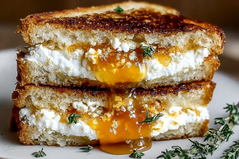 Goat Cheese Grilled Cheese with Honey on toasted sourdough, creamy goat cheese filling with warm honey drizzle and fresh thyme.