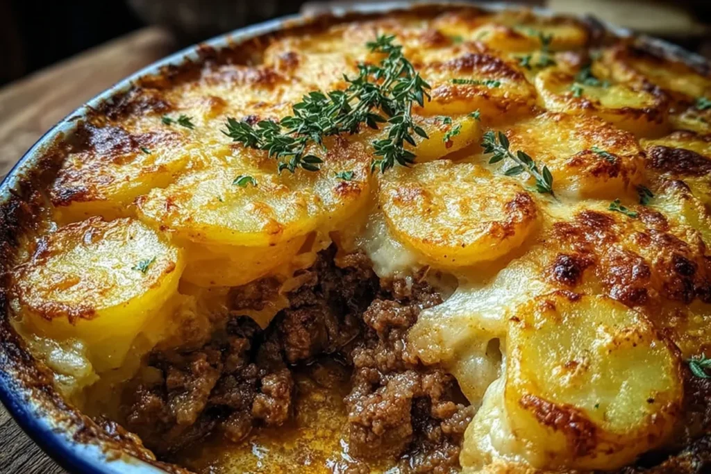 Beef and Potato Casserole in a baking dish with golden sliced potatoes, melted cheese, and savory ground beef filling, topped with fresh herbs.