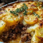 Beef and Potato Casserole in a baking dish with golden sliced potatoes, melted cheese, and savory ground beef filling, topped with fresh herbs.