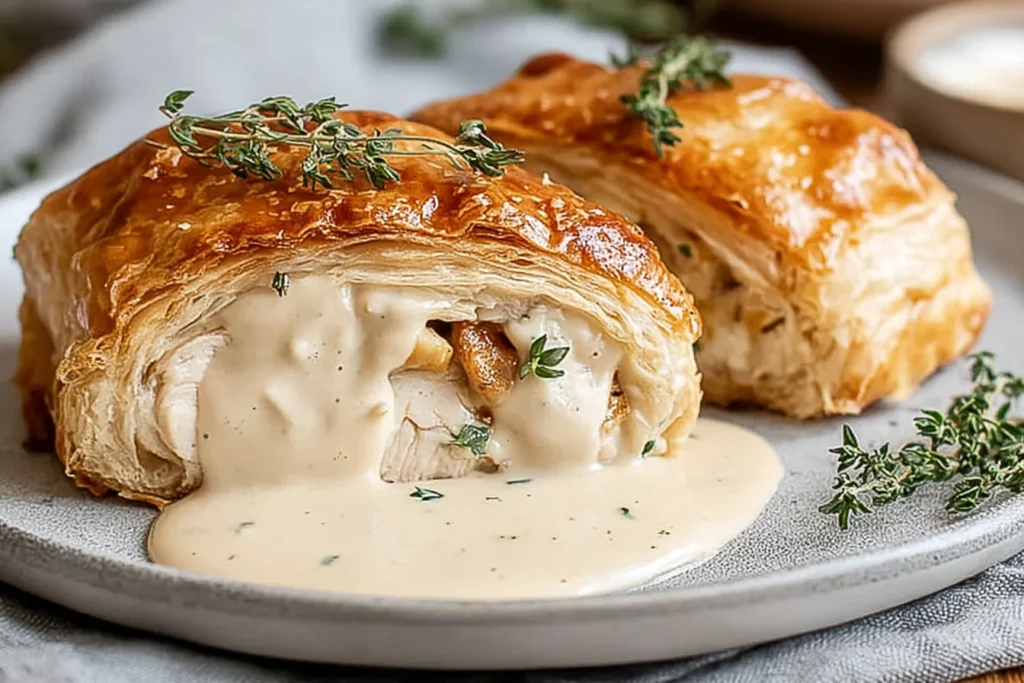 Chicken Wellington with Dijon Cream Sauce cut open, showing flaky puff pastry, tender chicken, and creamy Dijon mushroom sauce on a plate with herbs.