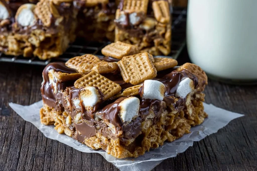 Golden Grahams S’mores Bars topped with melted chocolate, toasted mini marshmallows, and crunchy graham cereal pieces on parchment beside a glass of milk.