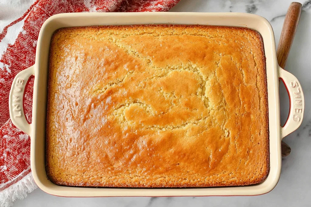 Honey Butter Cornbread baked in a 9x13 dish, golden brown with a glossy honey-butter top and tender crumb.