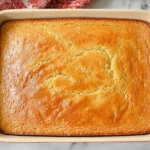 Honey Butter Cornbread baked in a 9x13 dish, golden brown with a glossy honey-butter top and tender crumb.