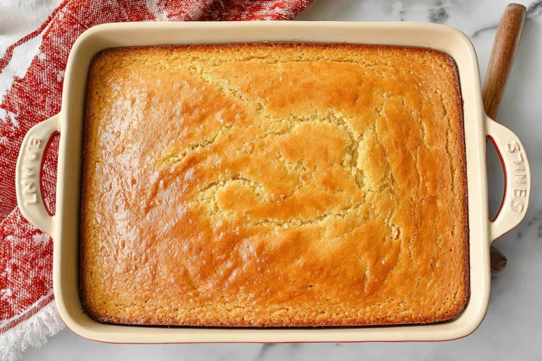 Honey Butter Cornbread baked in a 9x13 dish, golden brown with a glossy honey-butter top and tender crumb.