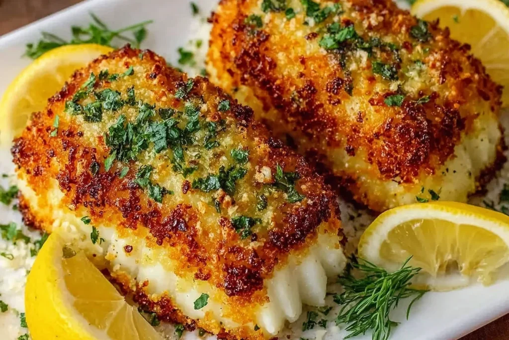 Crispy Air Fryer Parmesan Cod with golden panko-Parmesan crust, fresh herbs, and lemon wedges on a plate.