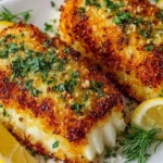 Crispy Air Fryer Parmesan Cod with golden panko-Parmesan crust, fresh herbs, and lemon wedges on a plate.