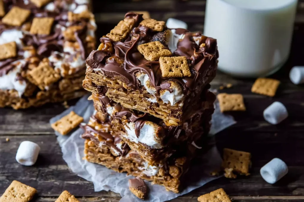 Golden Grahams S’mores Bars stacked with gooey marshmallows, melted chocolate drizzle, and crunchy graham cereal squares on a rustic table.