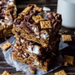 Golden Grahams S’mores Bars stacked with gooey marshmallows, melted chocolate drizzle, and crunchy graham cereal squares on a rustic table.