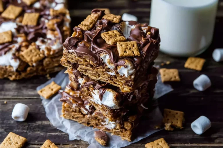 Golden Grahams S’mores Bars stacked with gooey marshmallows, melted chocolate drizzle, and crunchy graham cereal squares on a rustic table.