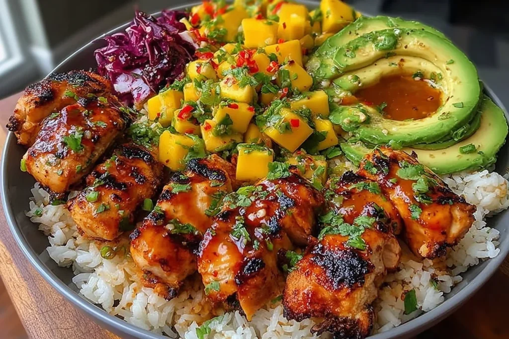 Grilled Maple Sriracha Chicken Bites bowl with coconut rice, charred chicken, mango avocado salsa, sliced avocado, and chili mayo drizzle.