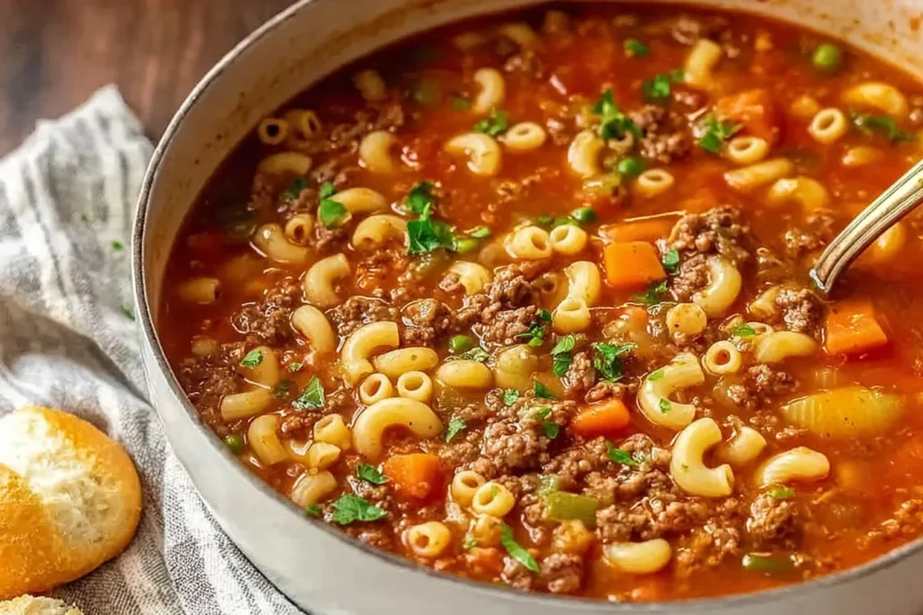 Homemade Ground Beef Pasta Soup simmering in a pot with macaroni, ground beef, mixed vegetables, and herbs in a rich tomato broth.