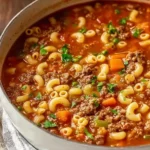 Homemade Ground Beef Pasta Soup simmering in a pot with macaroni, ground beef, mixed vegetables, and herbs in a rich tomato broth.