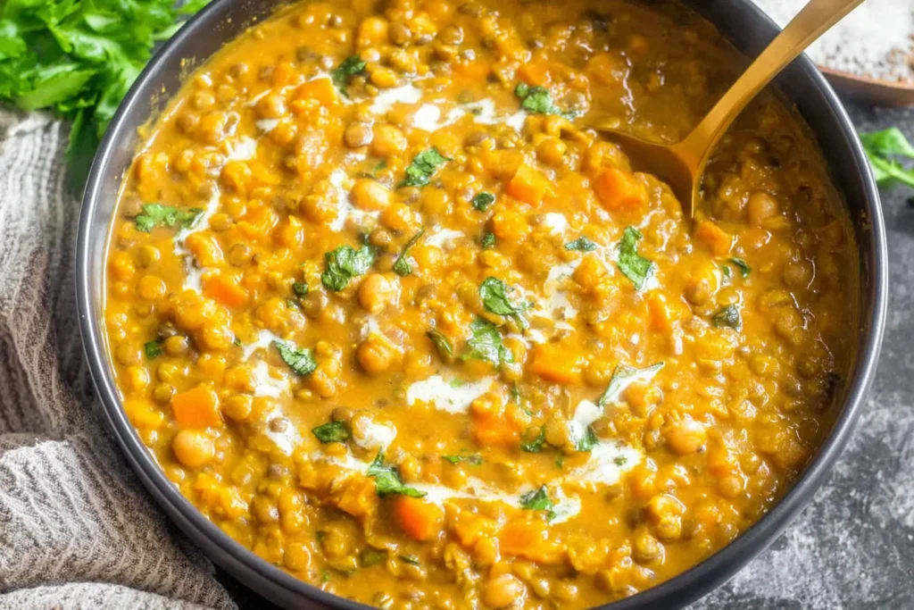 Pumpkin Curry Recipe simmered with lentils and chickpeas, topped with a coconut milk swirl and fresh herbs in a large bowl.