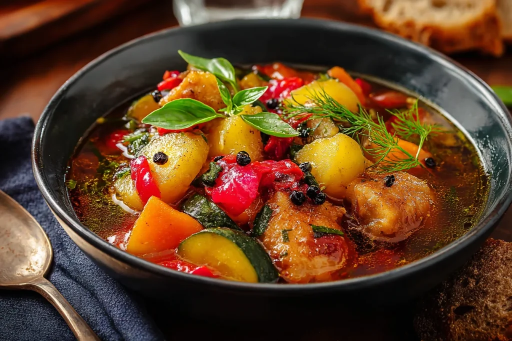 Stone Soup with chicken, potatoes, zucchini, tomatoes, and herbs in a rustic bowl, served hot with crusty bread.